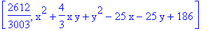 [2612/3003, x^2+4/3*x*y+y^2-25*x-25*y+186]